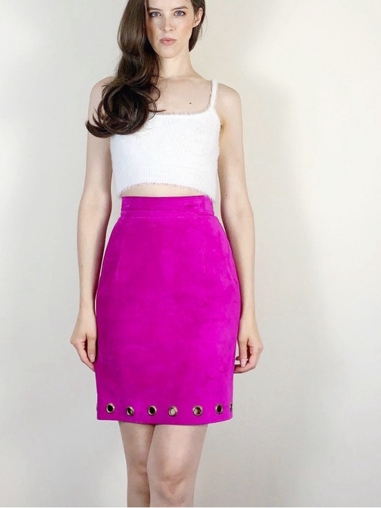 Danier Dresses & Skirts - Vintage Danier 90s Fuchsia Suede Pencil Skirt with Eyelet Hem